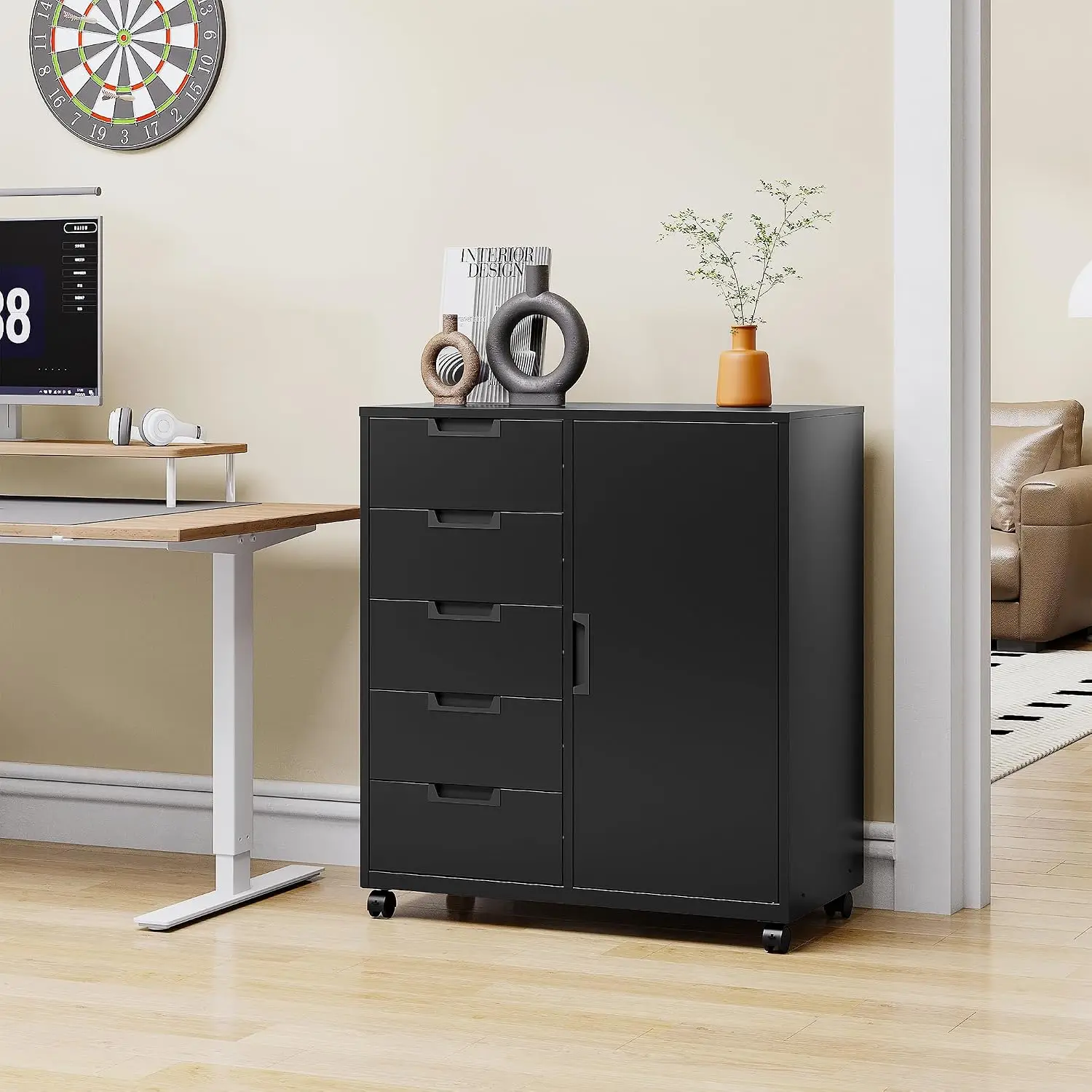 5-Drawer Metal Filing Cabinet with Wheels & Storage Shelves, Mobile Printer Stand for Home Office, Customized