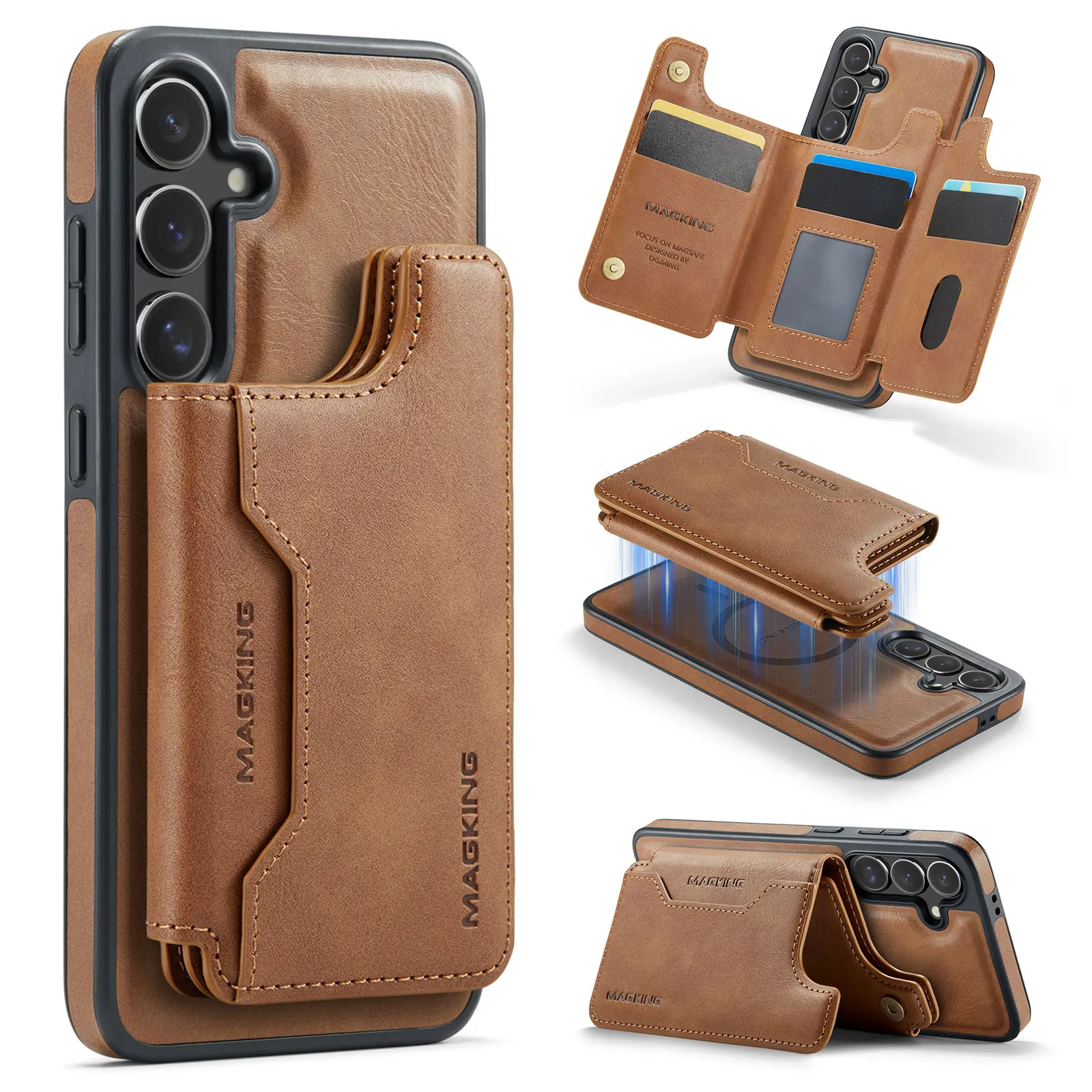 Funda magnética 2 en 1 con tarjetero desmontable para Samsung S26 Ultra S25 Edge S24 Plus S23 RFID, funda de bolsa de bolsillo triple pliegue