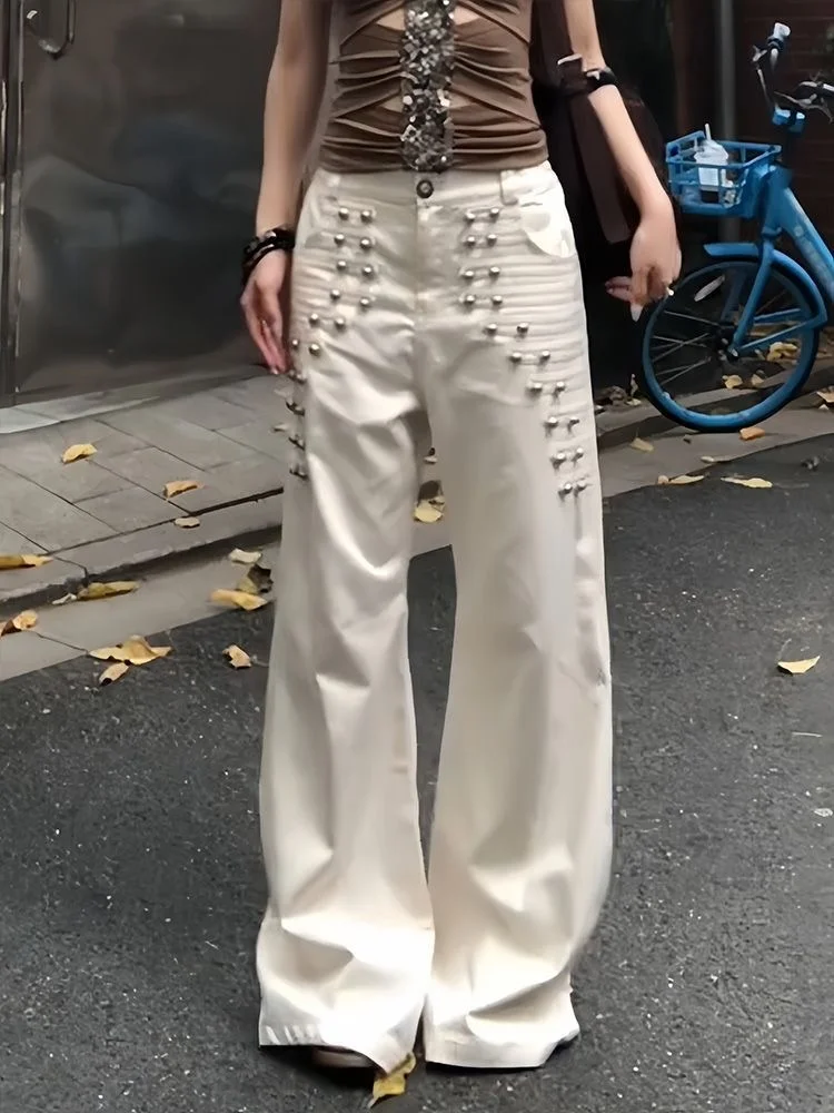 Novelty Gothic Y2K Rivet Design Patchwork Full Length Washed Baggy Jeans Women Clothing Streetwear 2000s Hip Hop Wide Leg Pants