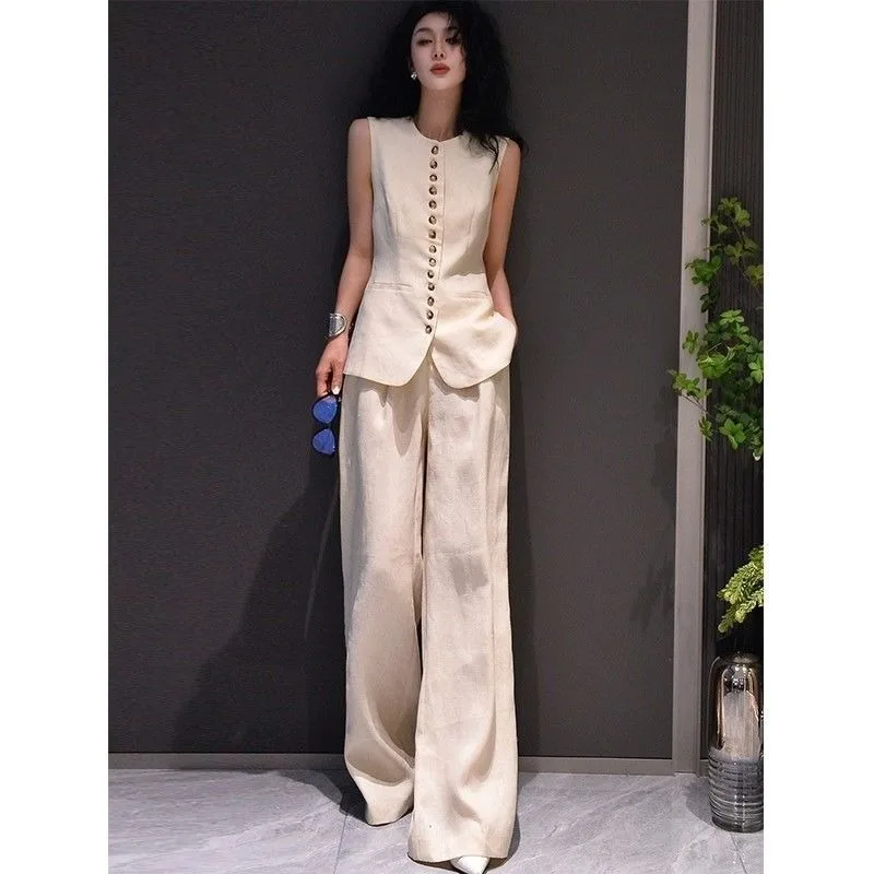 

New French Office Lady Summer Women's Suit Fashion Design Sense Sinlge Breasted Sleeveless Vest + Wide Leg Pants Two Piece Set