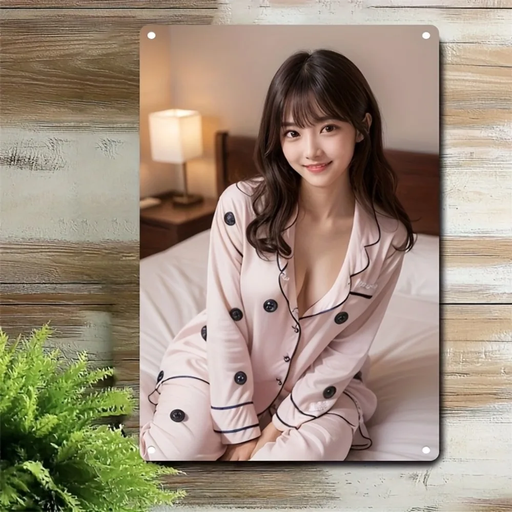 Vintage Cute Asian Woman in Pink Pajamas Metal Tin Sign - Retro Cozy Girl in Button-Down Pajama Set Iron Painting for Bedroom