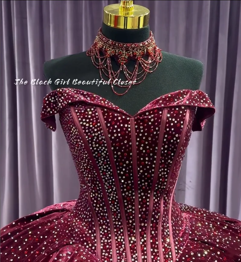 Vestido de Princesa Real de lujo para Niñas Africanas, vestidos de quinceañera con cuentas brillantes de diamantes de imitación, con tiras de perlas, Burdeos, 2024