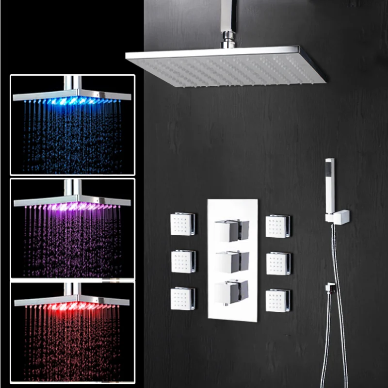 JIENI LED Chrome Shower Mixer Faucet Set System Ceiling Mounted 16