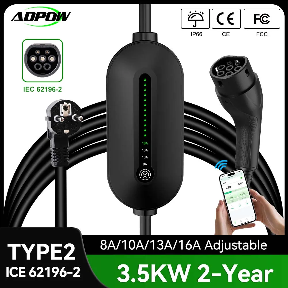

ADPOW 3.5KW Type2 EV Charger Portable APP Control 16A 1Phase Adjust Current GBT SAE J1772 EVSE Charging for Electric Car