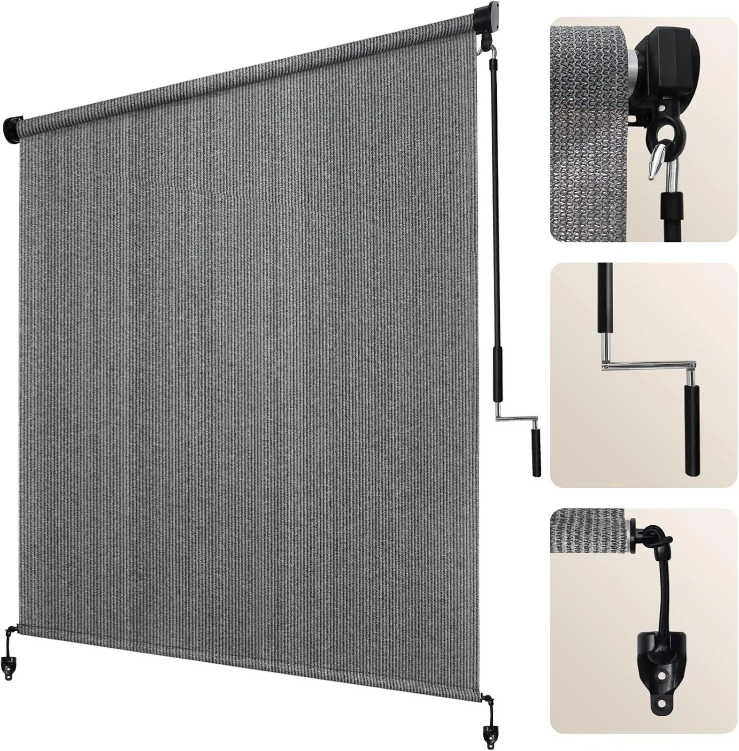 

Outdoor Roller Shade 8'W x 8'H, Gray Cordless Patio Blinds with Spliced Pole Design