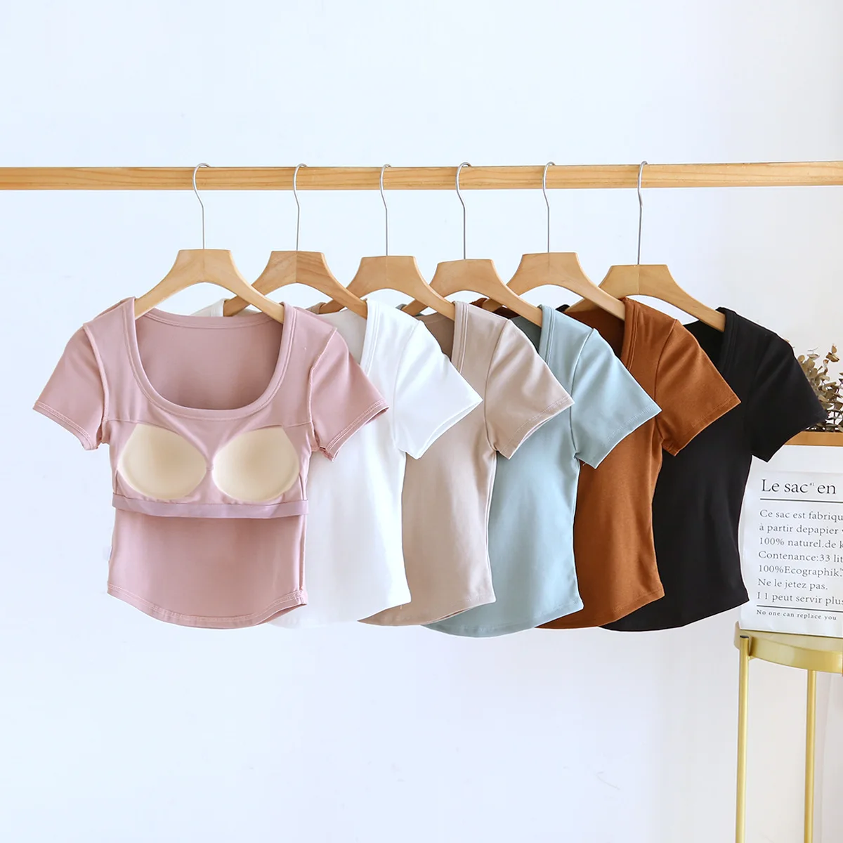 Women's Tops and Tank with Built Padded Bust Wireless Square Neck Solid Color Casual Short Sleeve T-Shirts Female Blouse C5705