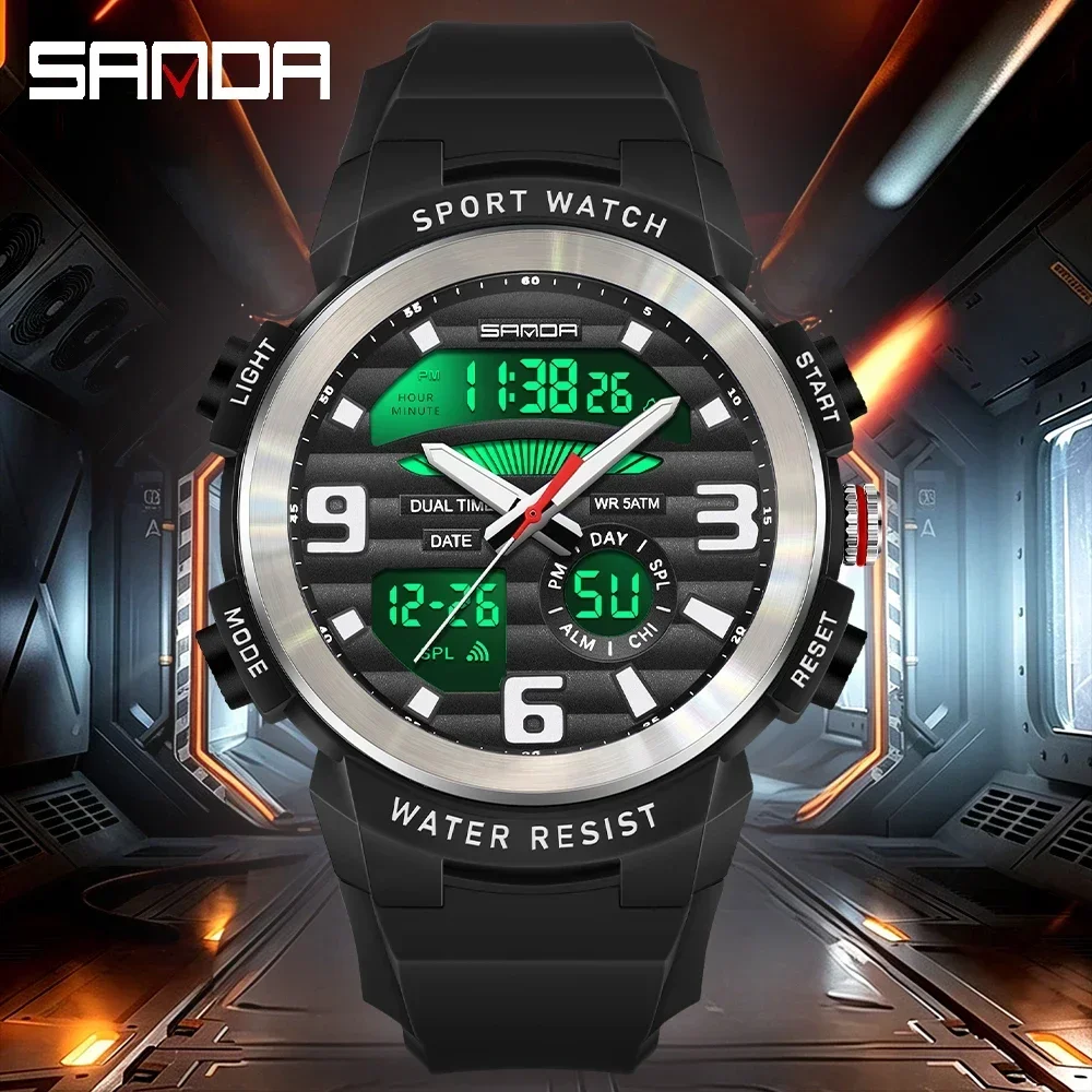 SANDA Multifunction Men Watch Dual Display Waterproof Digital Sport Wristwatch Man Silicone Strap LED Date Quartz Clock
