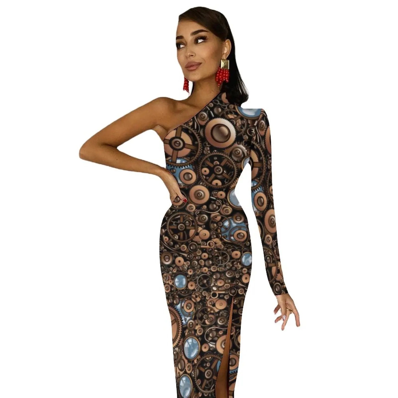 Steampunk Gear Side Split Bodycon Dress Steam Punk Glasses Vintage Style Night Club Maxi Dress Autumn Party Pattern Dresses