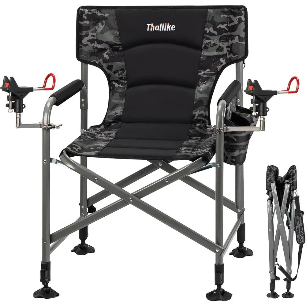 

Прочное портативное рыболовное кресло с регулируемыми ножками, держателями для удочек и боковым карманом для использования на природе и на газоне