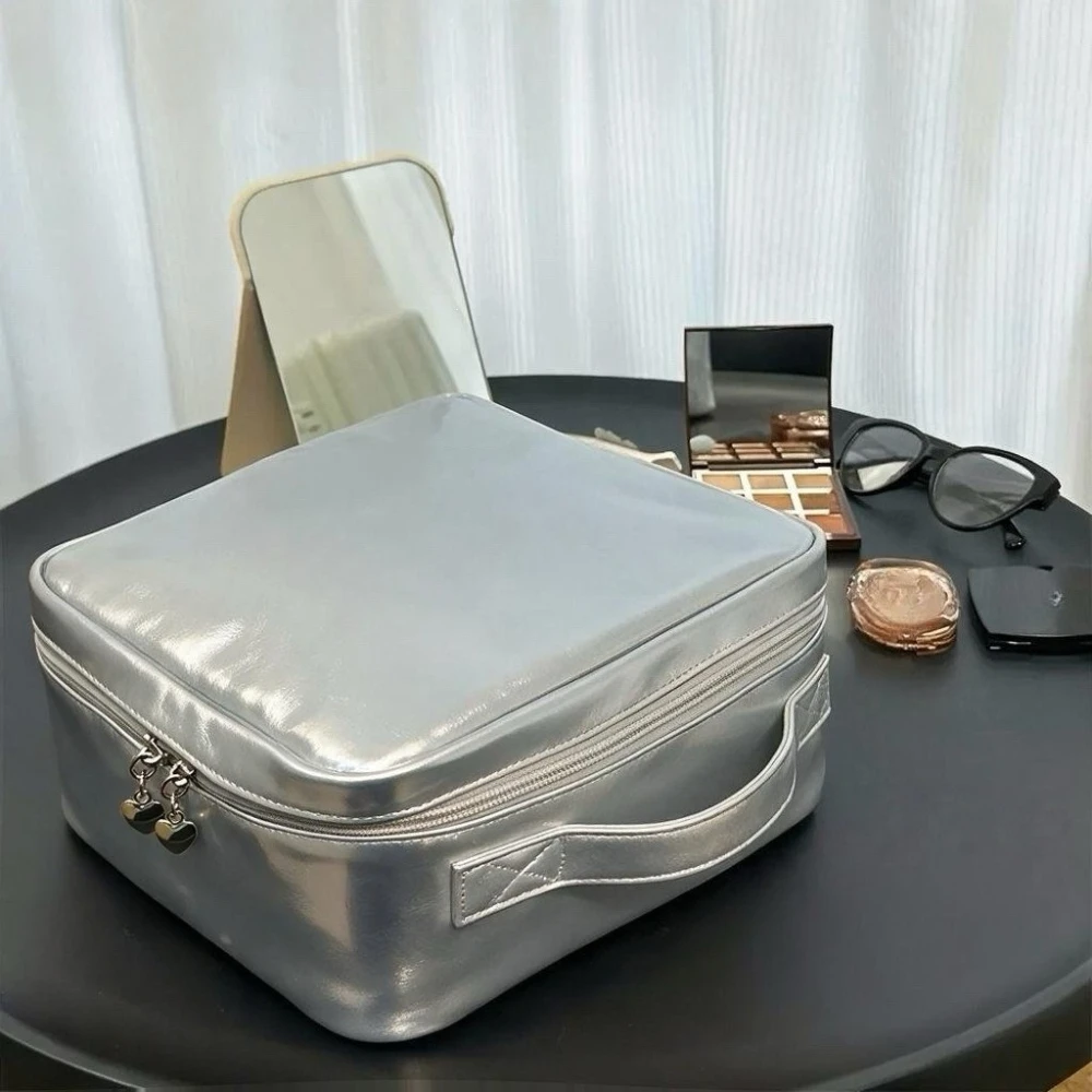 Silver Leather Makeup Bag for Women Waterproof Large Capacity Cosmetic Case Travel Organizer Handbag Toiletry Storage