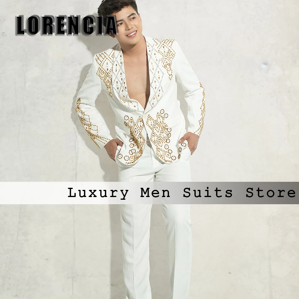 Glitter Rhinestone Male Suits 2 Piece Tuxedos Suit Luxury Jewel Wedding Outfits Customized Blazer Pants terno smoking masculino