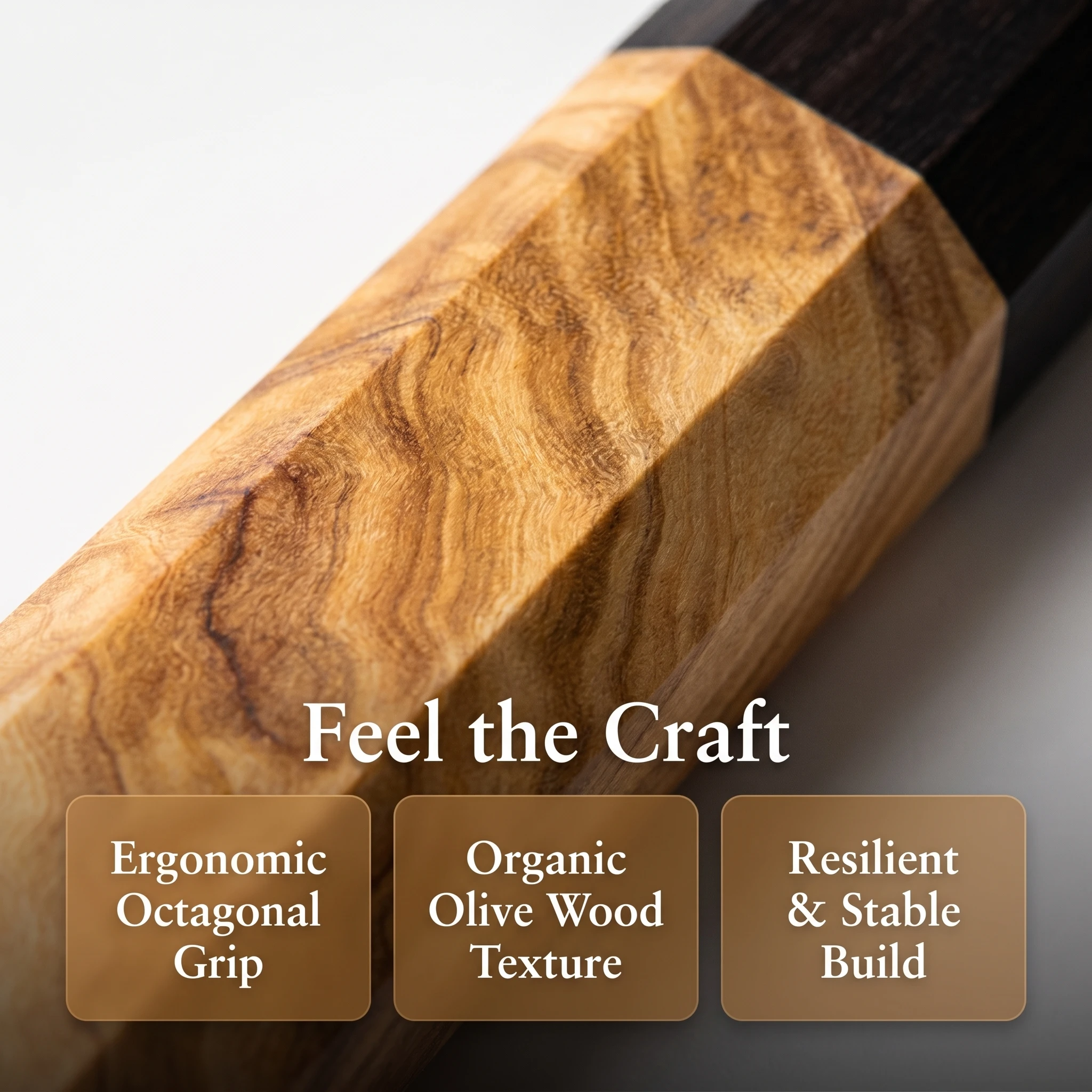 Natural Olive Wood Octagonal Knife Handle - Handcrafted & Exquisitely Carved. Universal Replacement Handle for Chef's Knives.