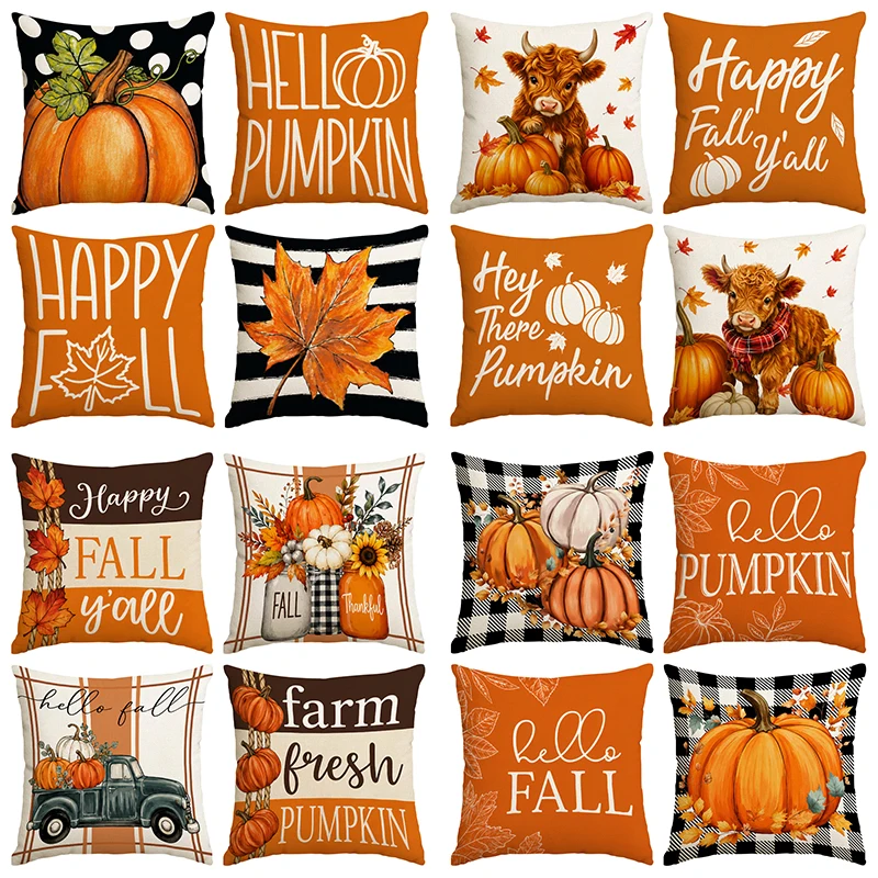 4pcs Thanksgiving Autumn Pillow Cover, Vintage Pumpkin, Maple Leaf, Turkey Pattern Pillow Cover Autumn Thanksgiving Pillowcase