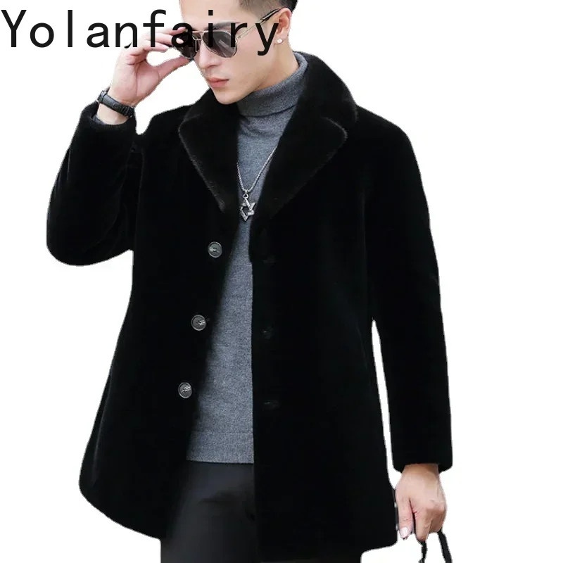YOLANFAIRY Jackets for Men Winter Mink Fur Collar 100% Wool Coat Men Medium Overcoat Men Clothing Sobretudo Masculino Longo FCY
