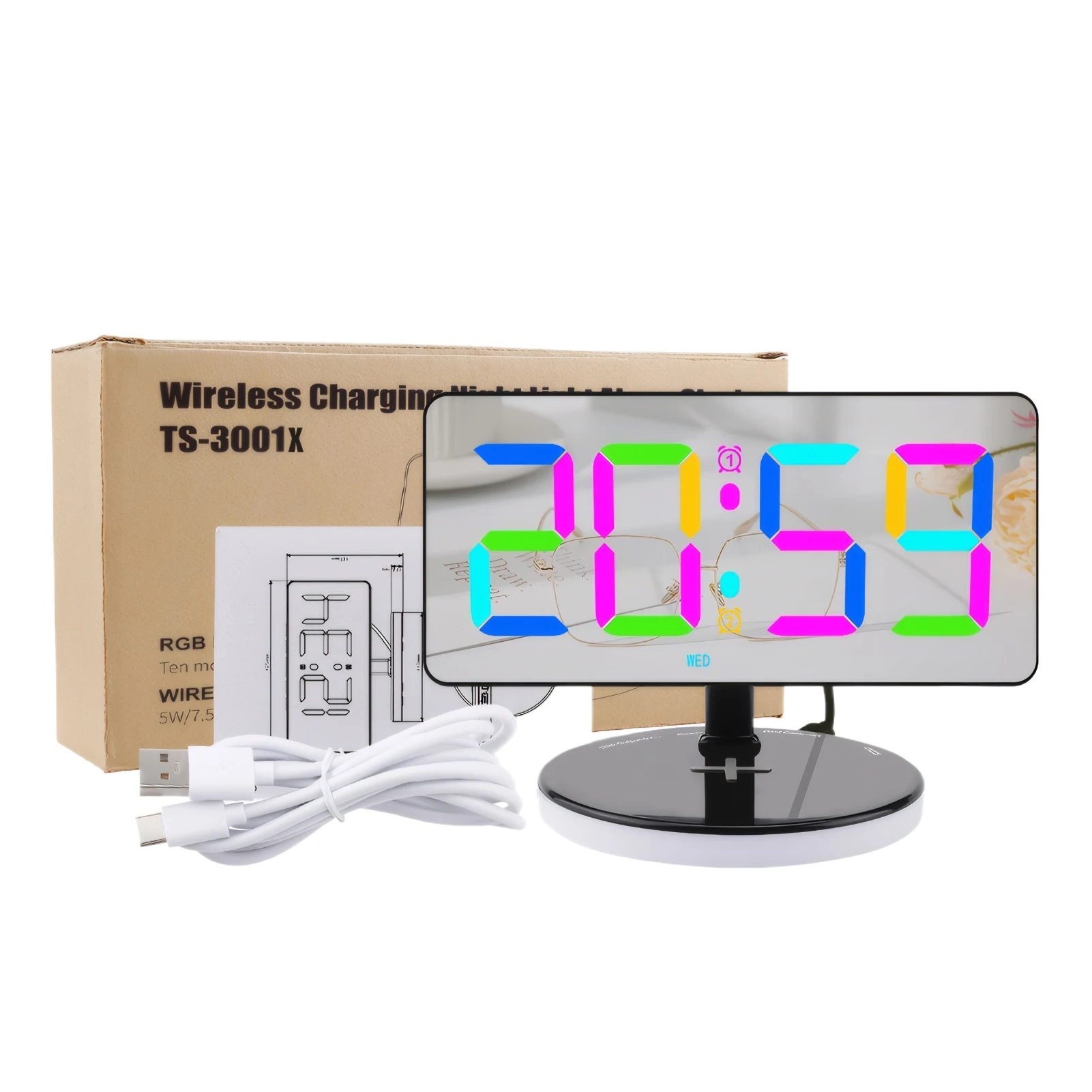 Adjustable Makeup Mirror Forwireless Charging Small Night Light LED Digital Clock RGB Digital Mirror