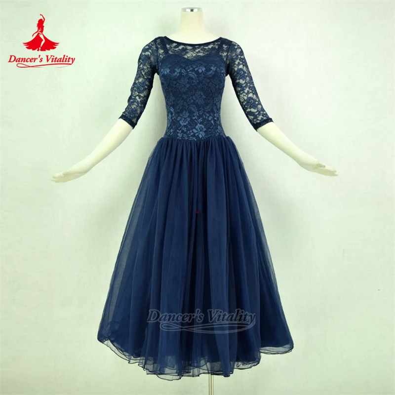 Granatowe sukienki do tańca towarzyskiego dla dorosłych, szyte na miarę, damskie i dziecięce, strój na konkurs walca i foxtrotu, energia tancerki.