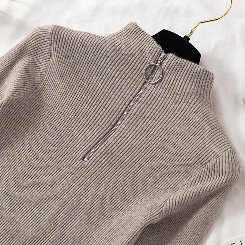 

Autumn Winter Knitted Tops Women Sweaters With Zipper Half Turtleneck Pullovers Basic Knit Sweater Slim Pull Femme Outfits