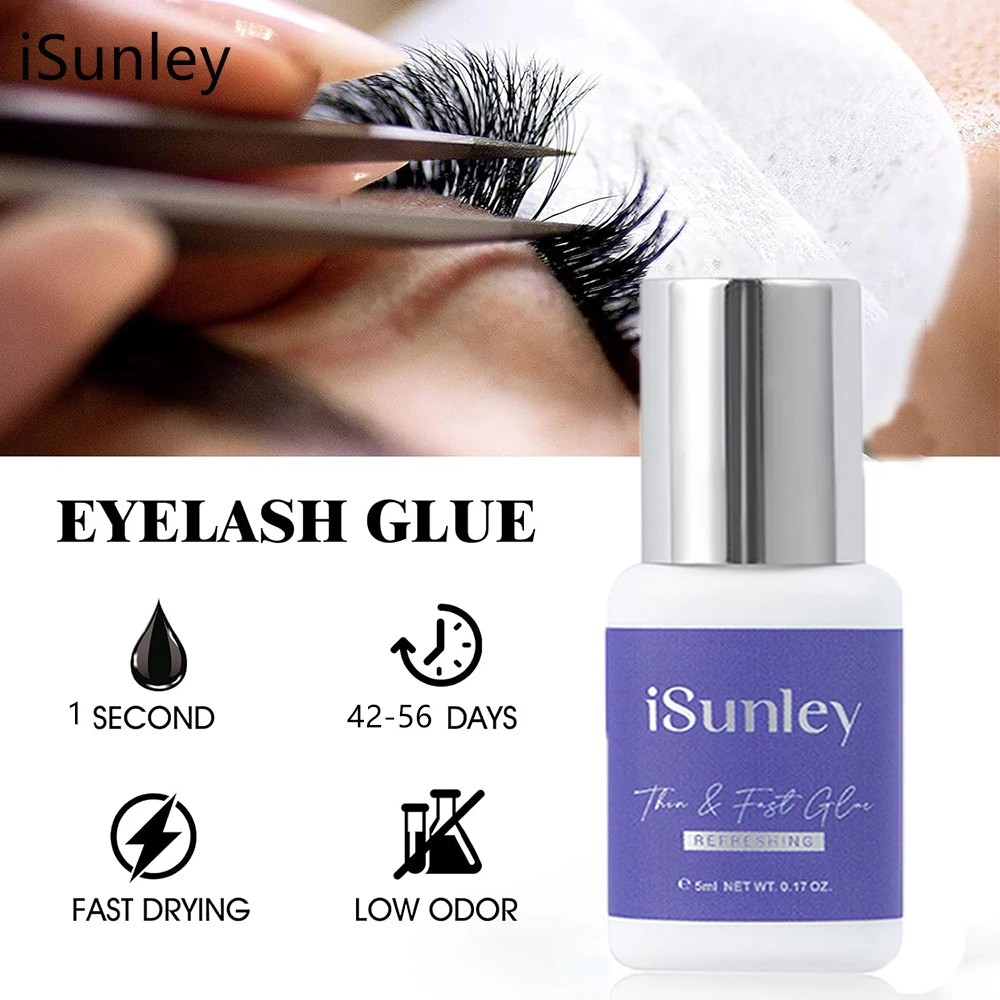 Isunley colle à cils 1 seconde séchage rapide Ultra mince Flexible faible fumée dure 6-7 semaines forte tenue Extensions de cils professionnelles