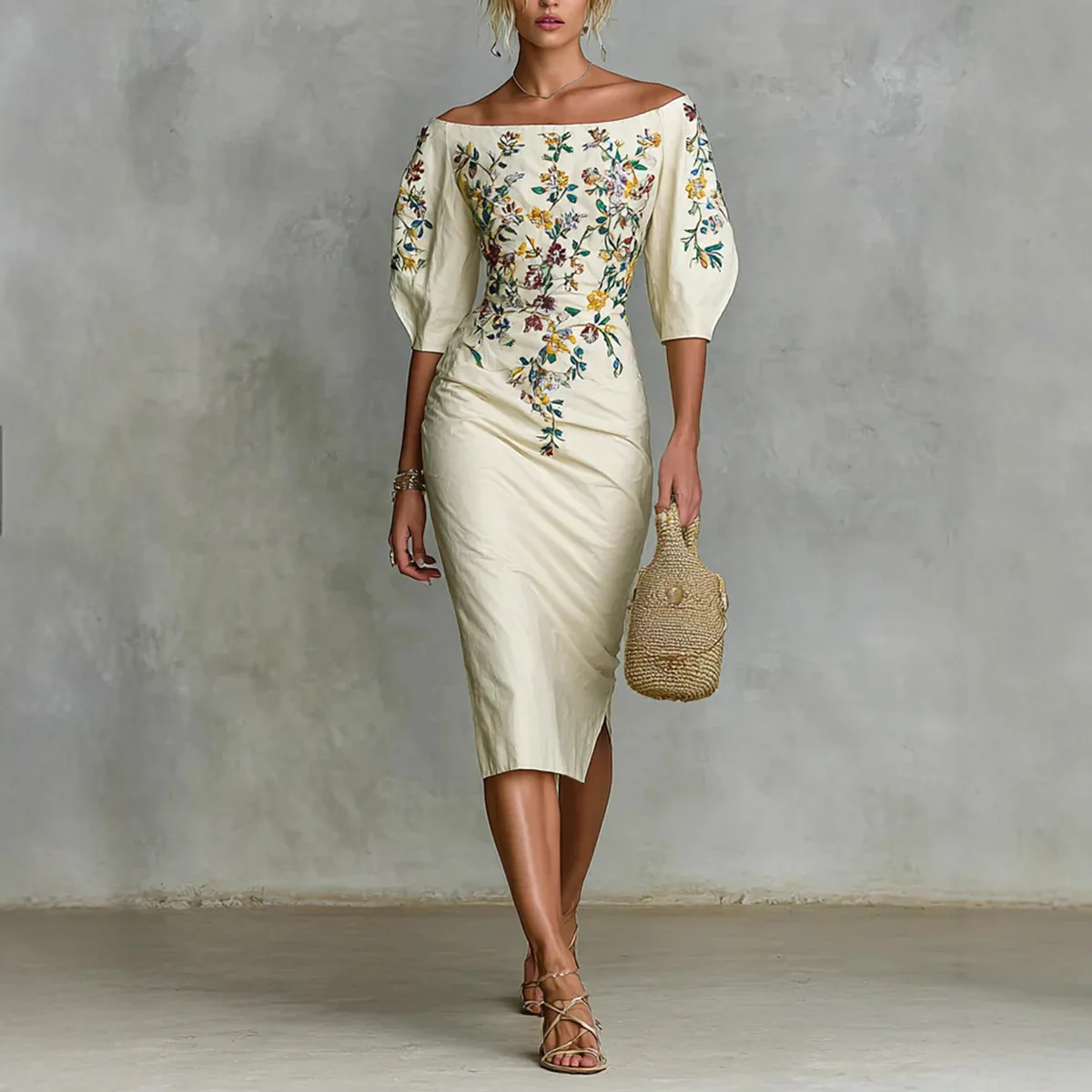 ملابس نسائية ربيعية أنيقة موديل 2025 مطبوعة بالزهور فساتين حفلات ضيقة مثيرة برقبة مائلة وفتحة مجوفة فستان نسائي غير رسمي بنصف كم #1