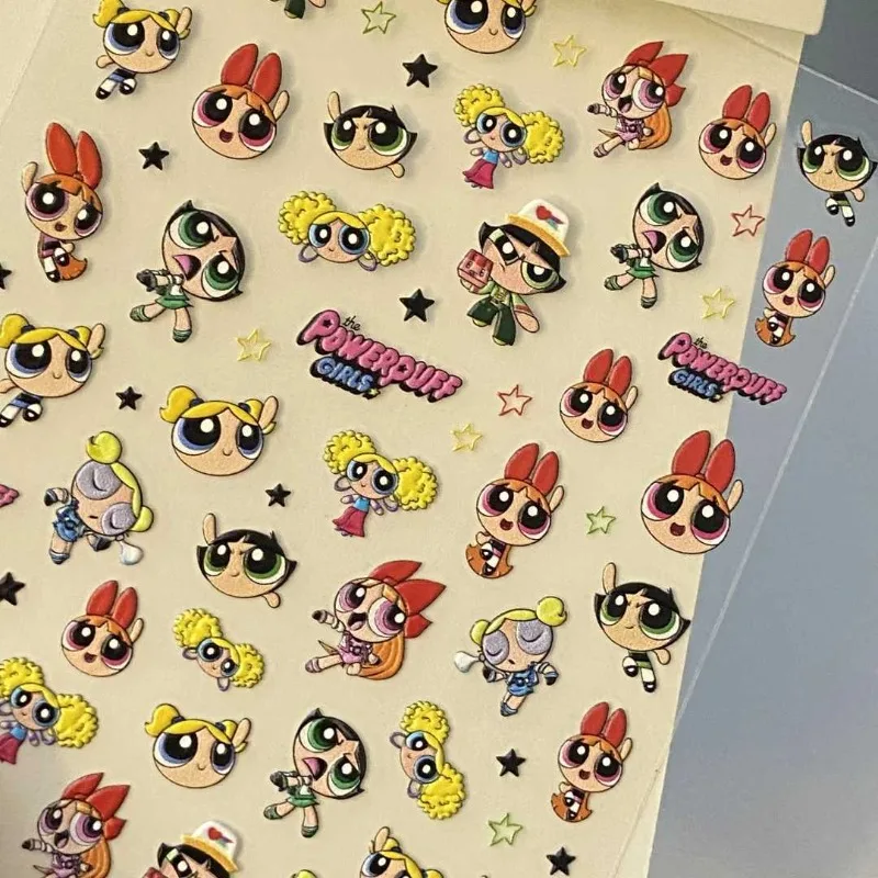 Naklejki do manicure Powerpuff Girls tłoczone trójwymiarowe japońskie urocze dziewczyny dziewczyna serce samoprzylepne naklejki do zdobienia paznokci diy