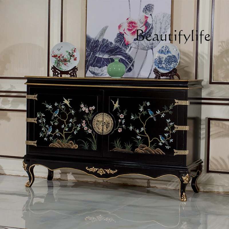 New Chinese-style foyer furniture, solid wood hand-carved black piano paint, entrance cabinet