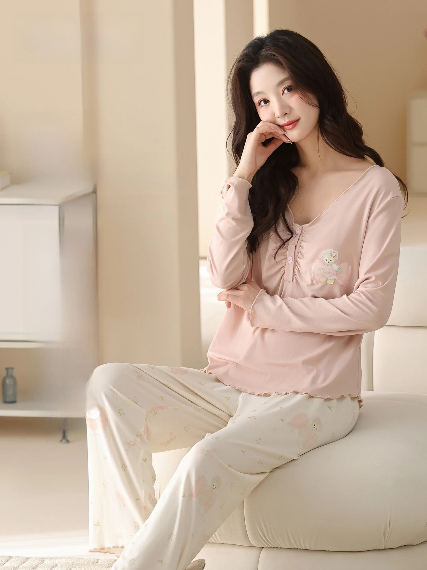 breathable-ice-silk-postpartum-sleepwear-set-long-sleeve-long-pants-maternity-summer-clothing-comfortable-women's-home-suit