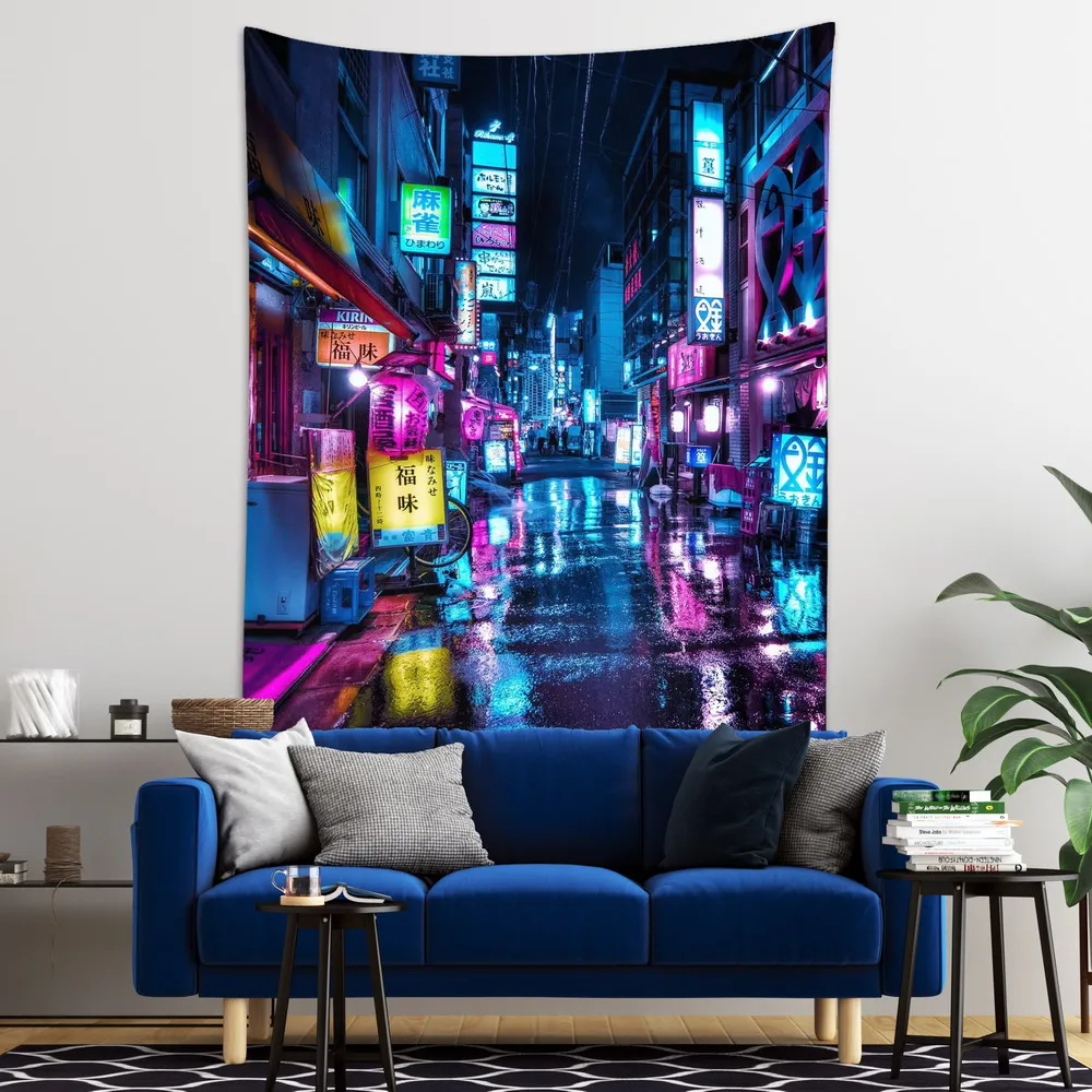 modern decor home  wall art  room  city neon tapestry night view alley  