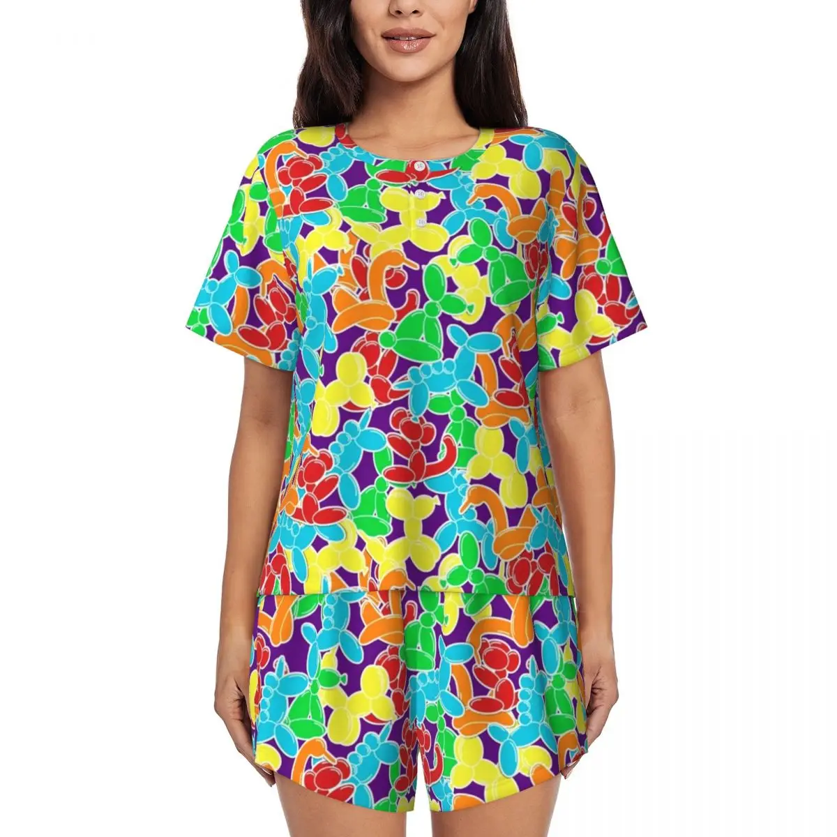 

Cartoon Balloon Print Pajamas Short Sleeve Colorful Animals 2 Pieces Casual Pajamas Set Summer Lady O Neck Vintage Sleepwear