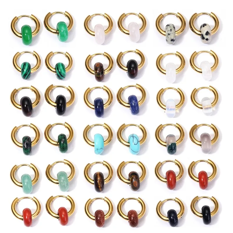 

6pair/lot Natural Pink Quartz Agate Turquoise Golden Plated Earrings Women Handmade Donut Stainless Steel Thick Hoop Earring