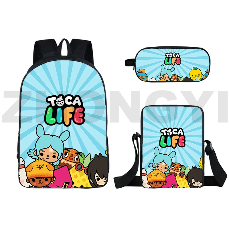 New Anime Toca Life World Game 3D Backpacks Teens Girl 3 Set Toca Boca Print Pattern Bookbag Cute Cartoon Canvas Bags for Women