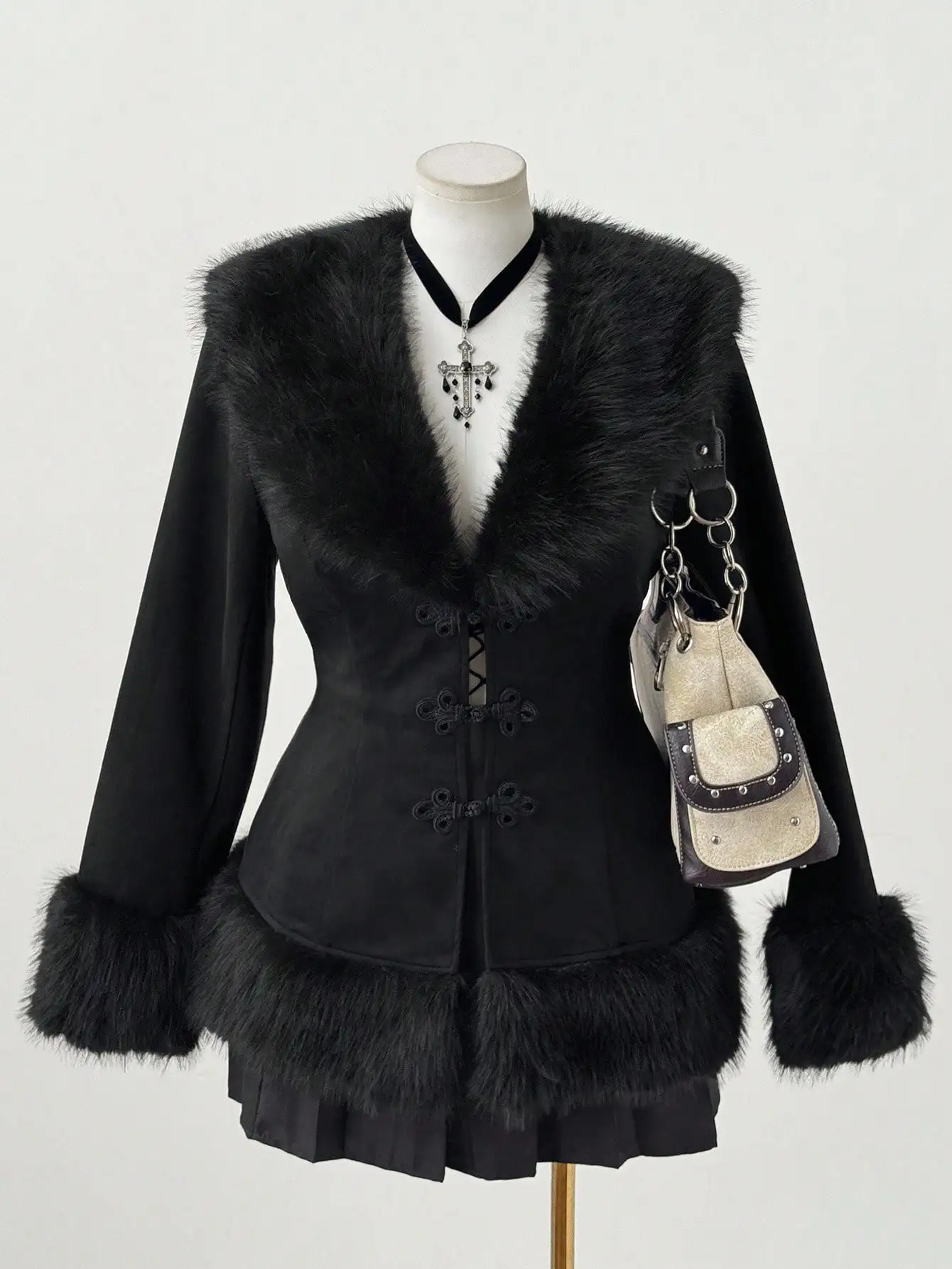 

Black Gothic-Style Faux Fur Trimmed Corset Jacket with Toggle Closures