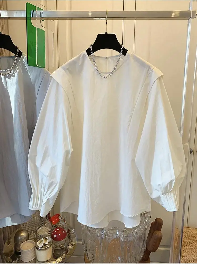 Autumn Lazy Style Round Neck Shirts Women Loose Blouse Long Sleeve Shirt Vintage Temperament Solid Color Simple LadiesTops