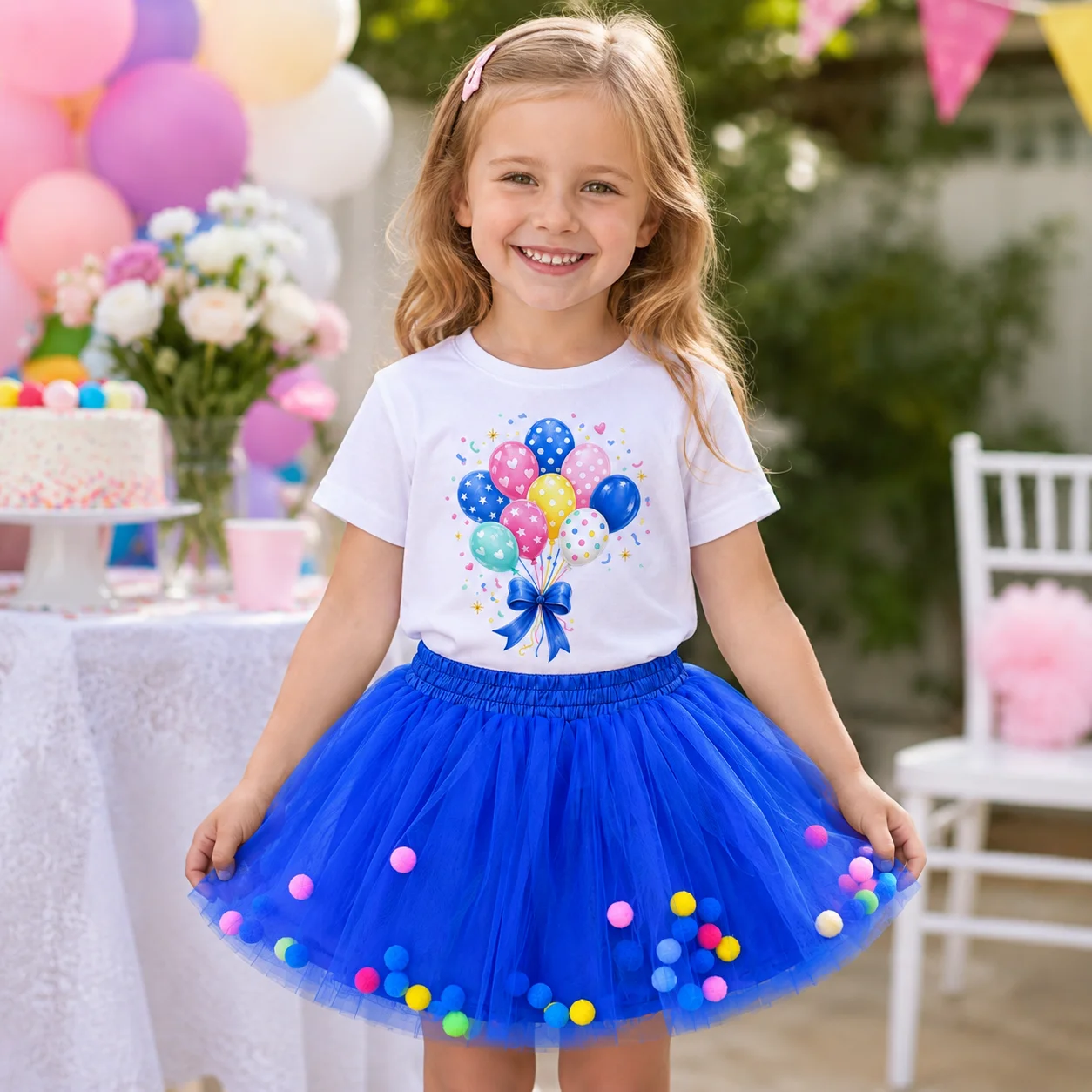 2-8Y Little Girls Birthday Photo Outfit Colorful Balloon Printed White Tshirt Elastic Blue Pom Pom Tulle Tutu Skirt Kids Princes
