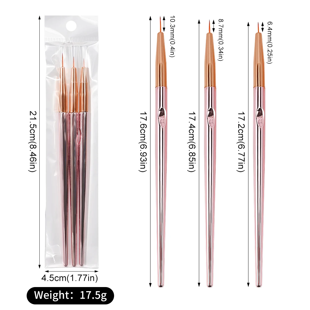 3/5 Pz/set Oro Rosa Nail Art Liner Brush Set 6/8/11mm Non-Fine Gel UV Liner Pennello per pittura Disegno FAI DA TE Fiore Striping Strumento