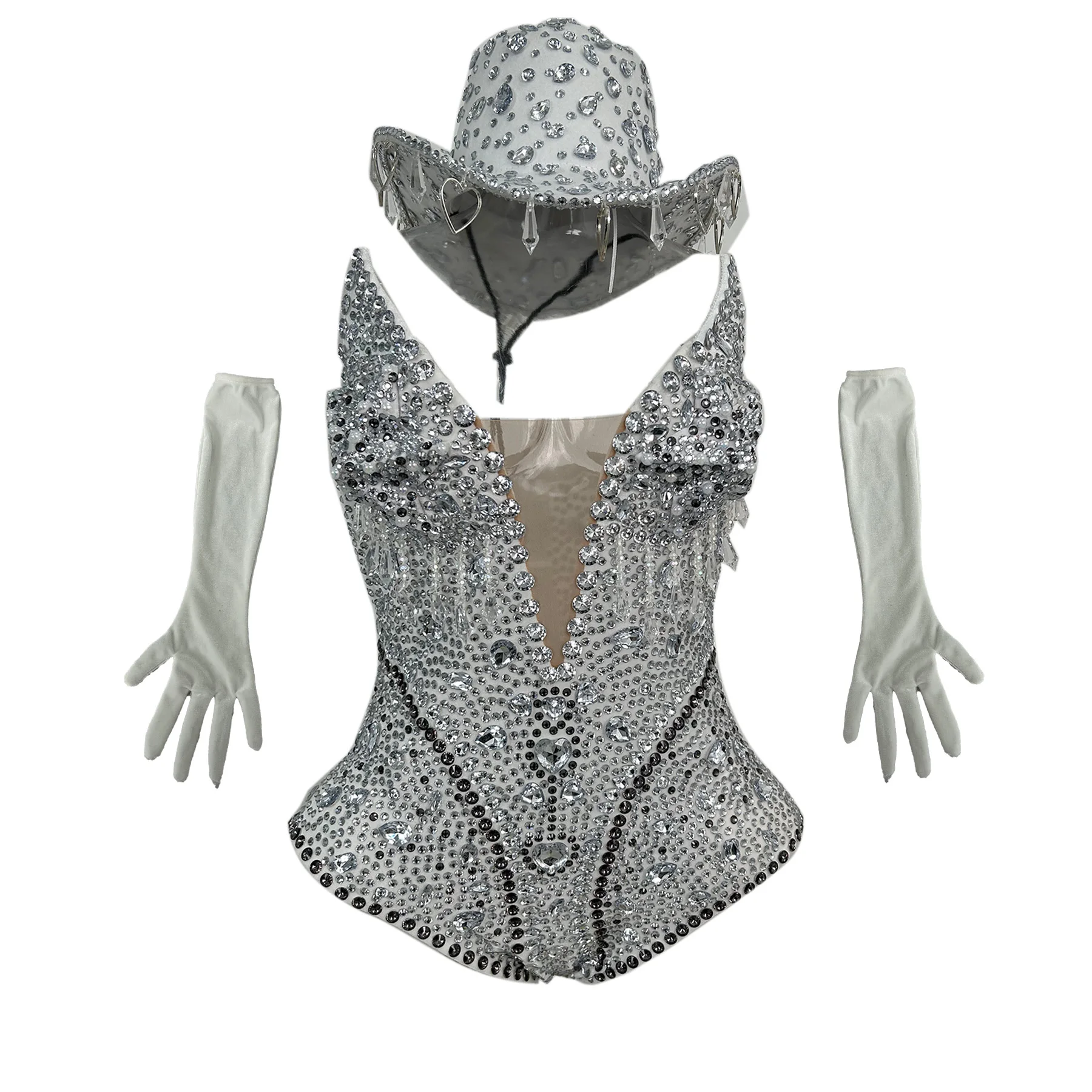 

Блестящий комбинезон с жемчугом и стразами, комплект с шляпой и перчатками, женский костюм для ковбойских музыкальных фестивалей, сценических выступлений, боди для шоу