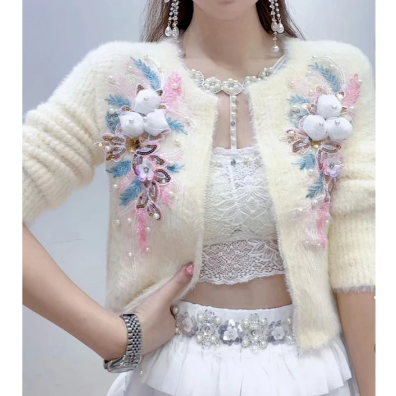Chic Diamonds Beaded 3D Lily Flowers Embroidery Mink Fur Sweater Coat Zipper Knitted Cardigan Hairy Jacket Zippers Cardigan Tops