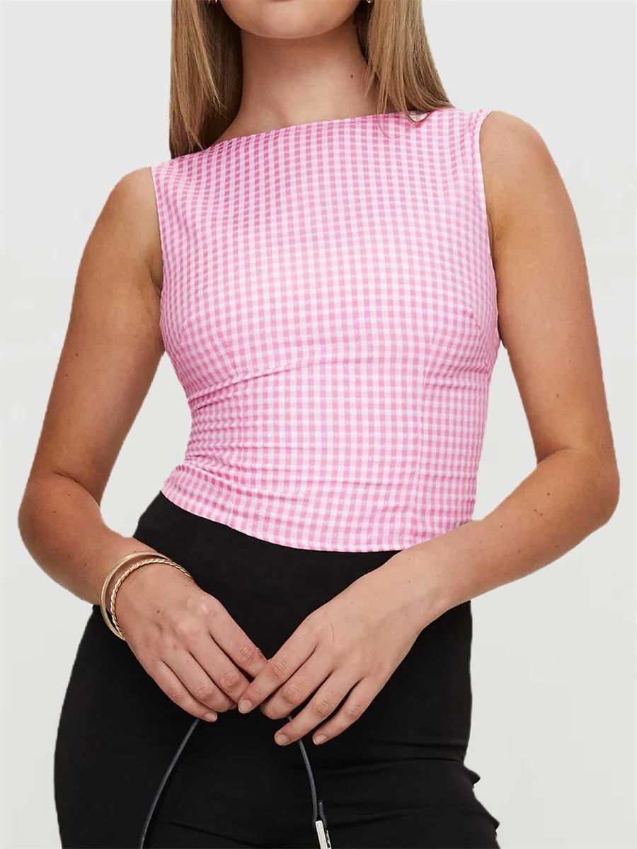 

Women s Summer Open Back Vest Sleeveless Boat Neck Trendy Bow Decor Plaid Tank Tops