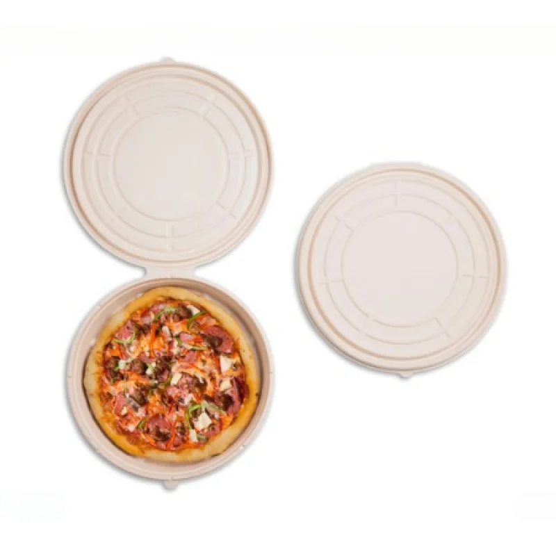 Boîte à pizza ronde bionickel able avec couvercle, produit personnalisé, à emporter, résistant à l'huile, canne à sucre, bagasse, qualité alimentaire, vente en gros