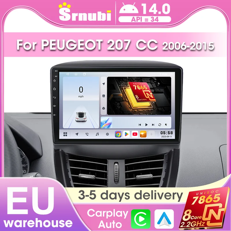 Srnubi CarPlay sans fil pour PEUGEOT 207 207CC 2006-2015, systèmes intelligents Android Auto, 2 Din, multimédia FM AM, Bluetooth, WIFI