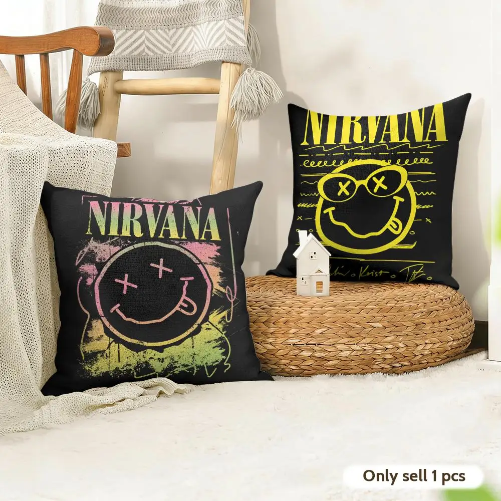 Band N-Nirvana Cushion Cover Natural Linen Organic Fabric Double-Sided Printing Sofa Home Decor Gift Pillow Case