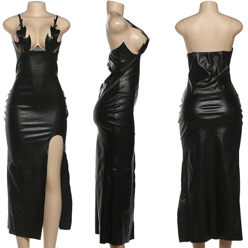 Doyerl Black PU Faux Leather Dress Women Sexy Night Club Spaghetti Strap V-neck Sleeveless Side Cut Out Party Birthay Dresses