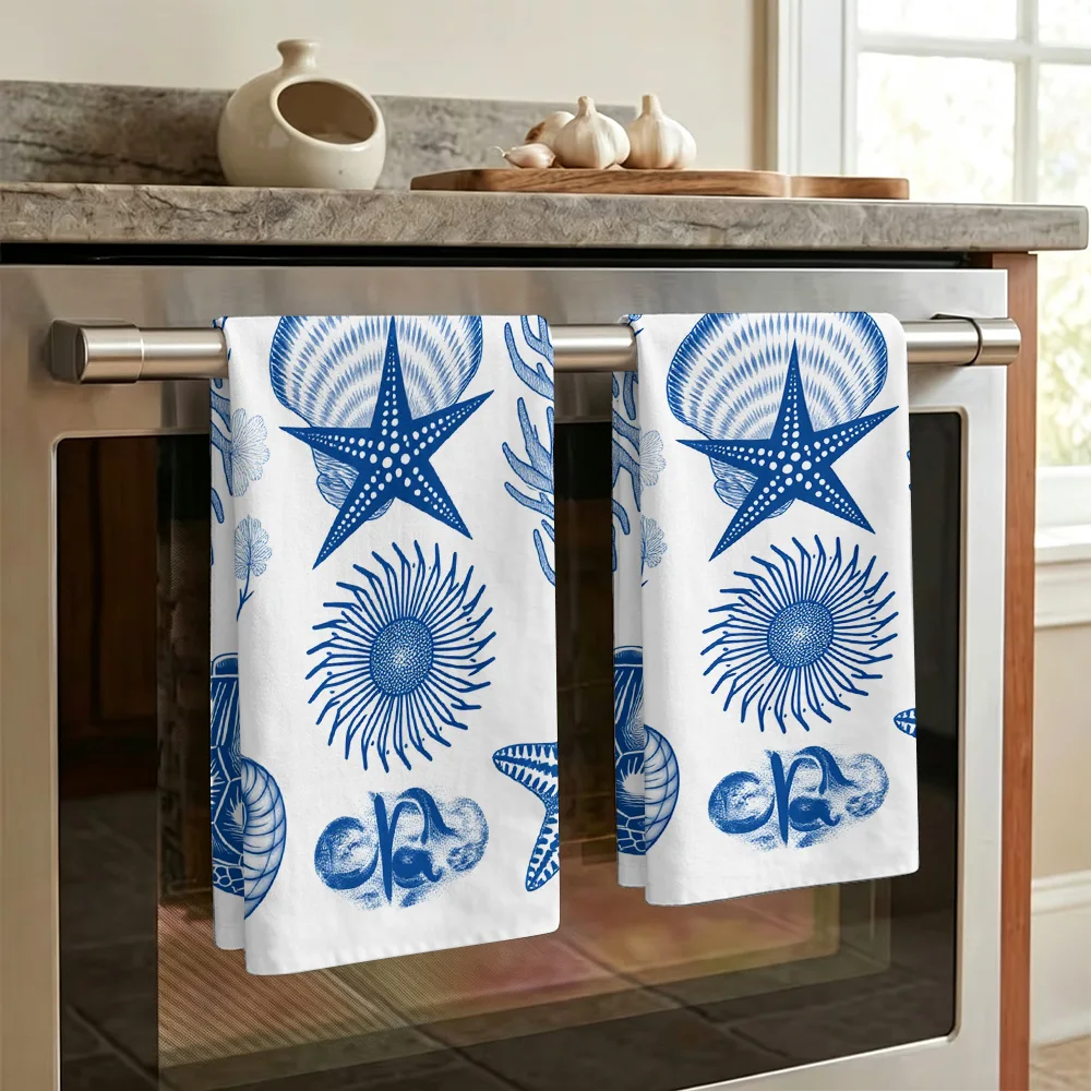 1pc/2pcs Blue Marine Living Printed Kitchen Towel-Super absorbent, reusable polyester dish cloth, perfect for home decor, cookin