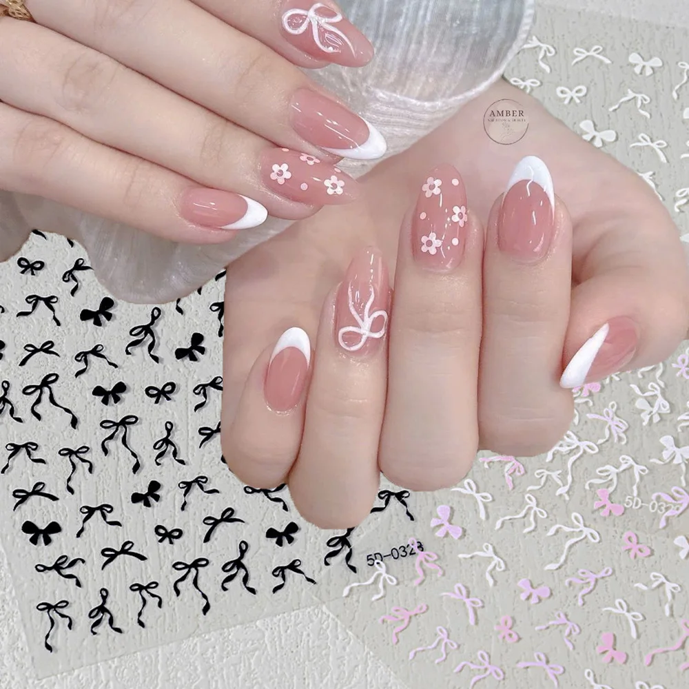 1Pc 5D Embossed Colorful Bow&Ribbon Nail Sticker Black/White/Pink Bow&Ribbon Nail Decal Adhesive Summer Bow&Ribbon Nail Slider