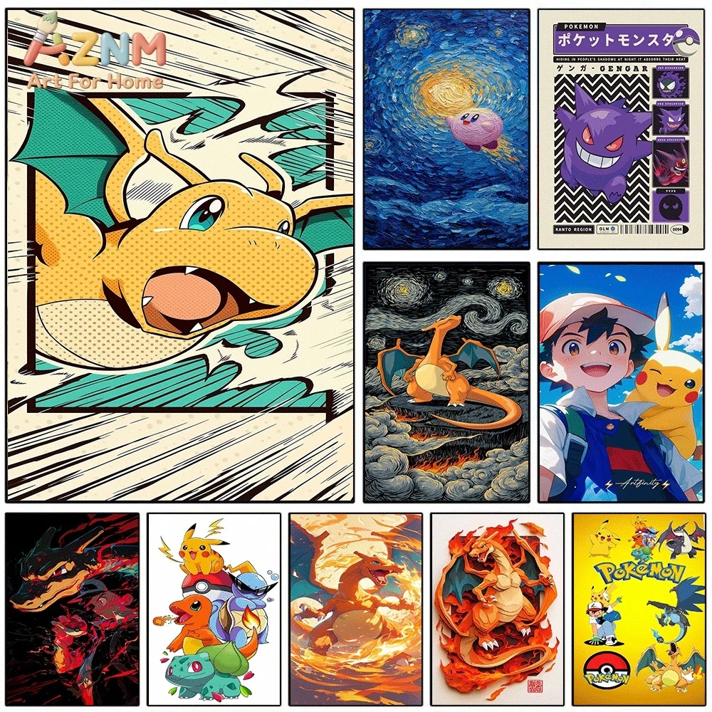 AZNM Dragonite Comic Pop‑Art Style Anime Canvas Wall Print, Popular Game Character Art Poster, Unframed Canvas Painting for Ki