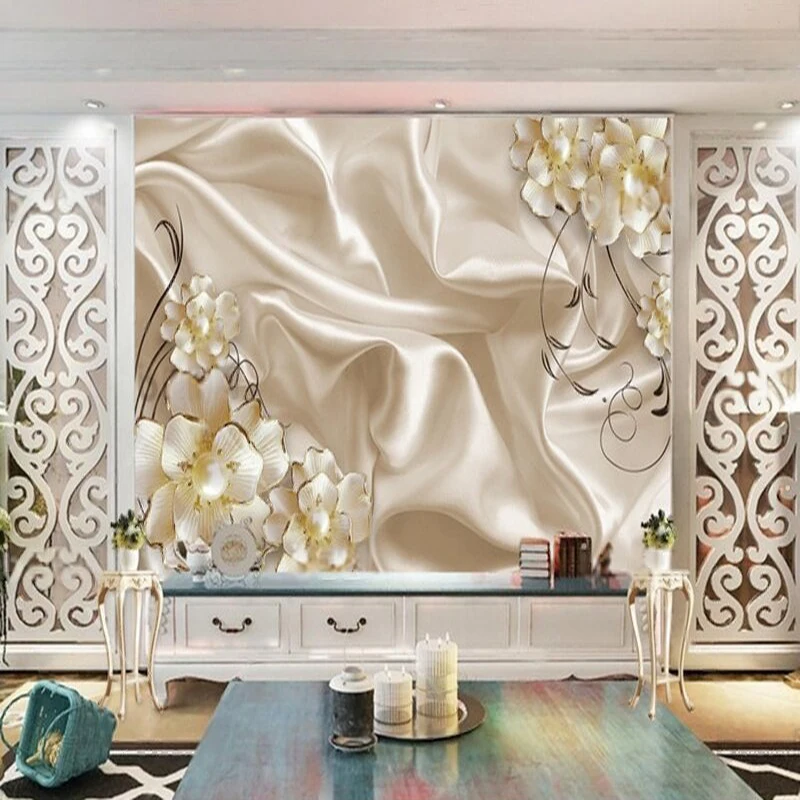 

European-style simple and elegant champagne satin gold 3d pearl flower TV luxurious home decoration background wall
