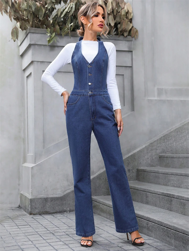 

Elegant Jeans Jumpsuit Autumn Clothes Women 2024 Sleeveless Backless Straight Denim Rompers Playsuits One Pieces Overalls Outfit