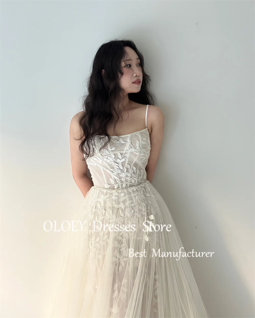 OLOEY Exquisite Ivory A Line Wedding Dress Korea Photoshoot Appliques Soft Tulle Bridal Gown Scoop Neck Sleeveless Customized