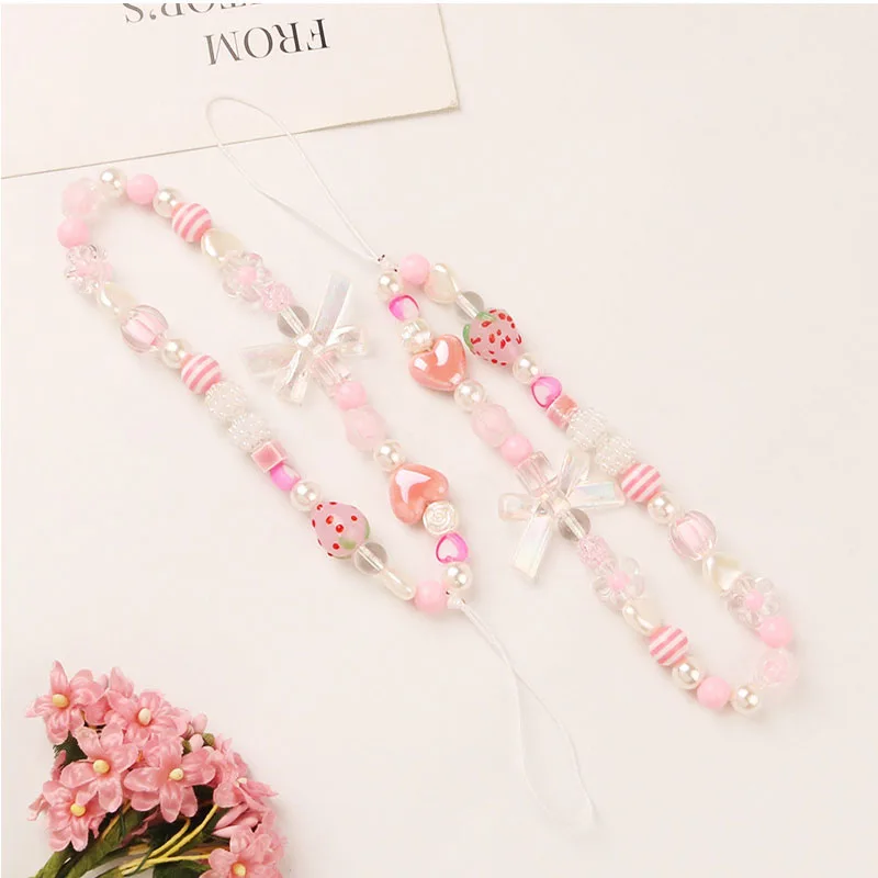 Fashion Strawberry Romantic Heart Pearl Geometry Beaded Charm Lanyard Decoration Bracelet Mobile Phone Chain Women Pink Jewelry