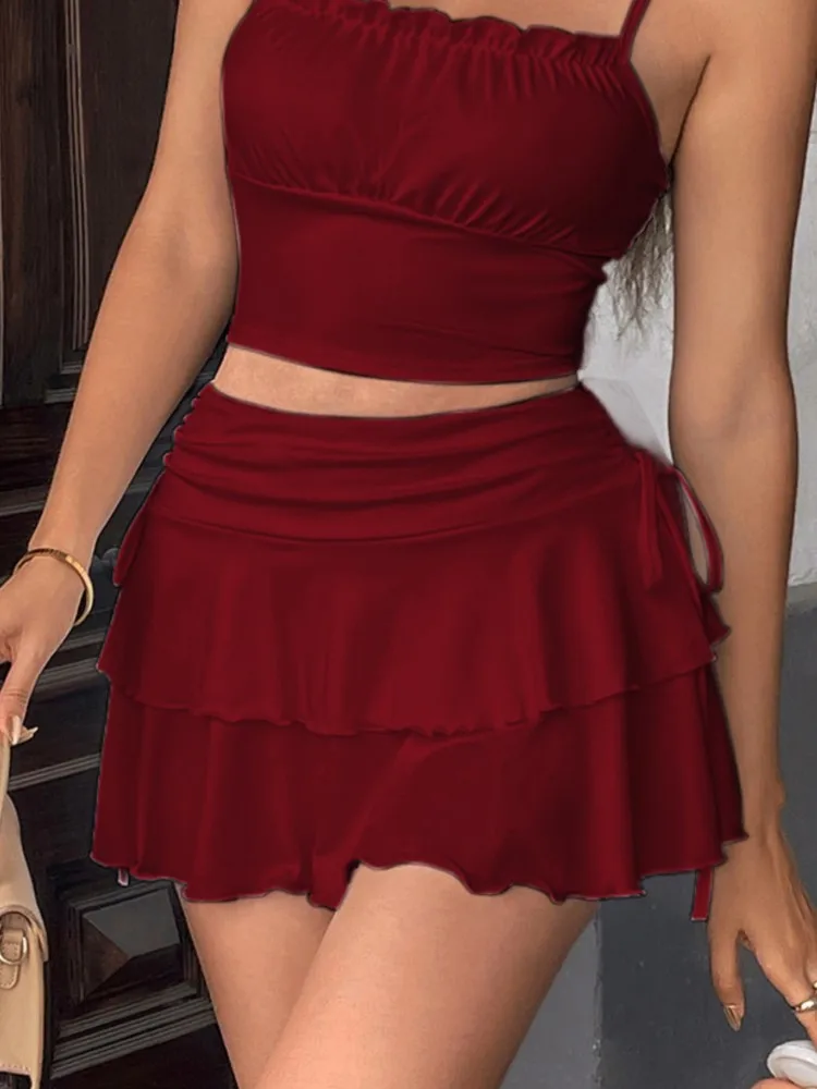 Falda lisa a la moda para mujer, minifaldas elegantes y sexis de cintura alta con volantes y cordones, ropa de calle para vacaciones en la playa para mujer