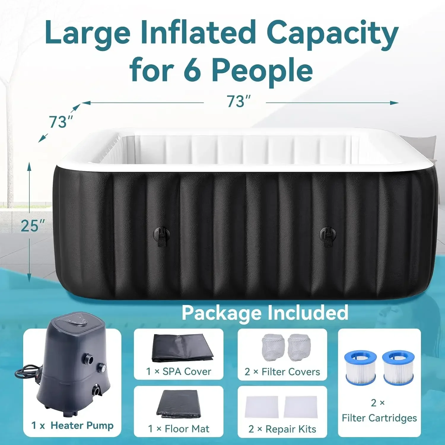 Inflatable Hot Tub Large Square Portable Blow Up Spa 4 6 Person Leak Proof PVC Outdoor 120 Air Jets Heater Pump Insulated Cover